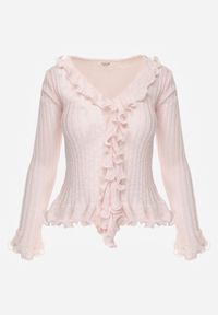 Born2be - Różowa Prążkowana Bluzka z Wiskozą Ozdobiona Falbanami Pronasia. Okazja: na co dzień. Kolor: różowy. Materiał: prążkowany, wiskoza. Wzór: aplikacja. Styl: casual, elegancki, klasyczny #2