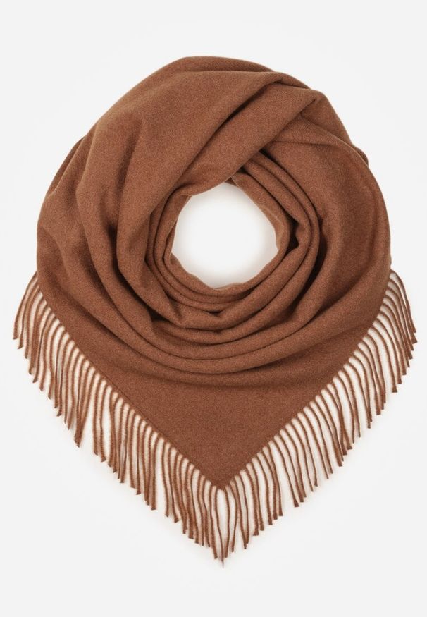 Born2be - Jasnobrązowy Trójkątny Szalik z Wiskozy i Bawełny z Frędzlami Vetirala. Okazja: na co dzień, do pracy, na spotkanie biznesowe. Kolor: brązowy. Materiał: bawełna, wiskoza. Styl: biznesowy, casual, elegancki