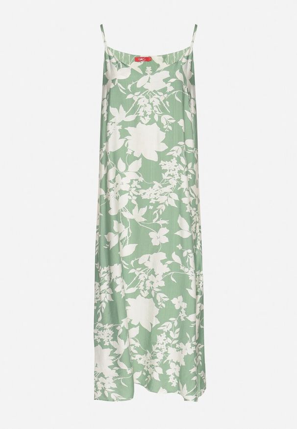 Born2be - Zielono-Kremowa Rozkloszowana Sukienka z Wiskozą w Kwiatowy Wzór Juliade. Okazja: na co dzień. Kolor: zielony. Materiał: wiskoza. Długość rękawa: na ramiączkach. Wzór: kwiaty. Sezon: lato. Styl: elegancki, casual