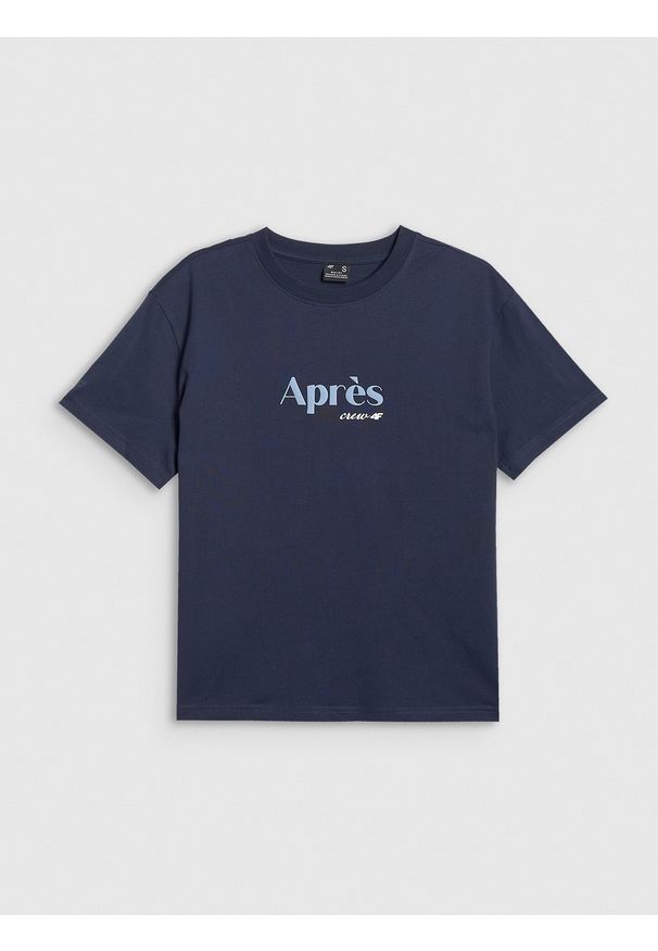 4f - 4F T-shirt boxy z nadrukiem damski - granatowy S. Okazja: na co dzień. Kolor: niebieski. Materiał: dzianina, bawełna, materiał. Wzór: nadruk. Styl: casual