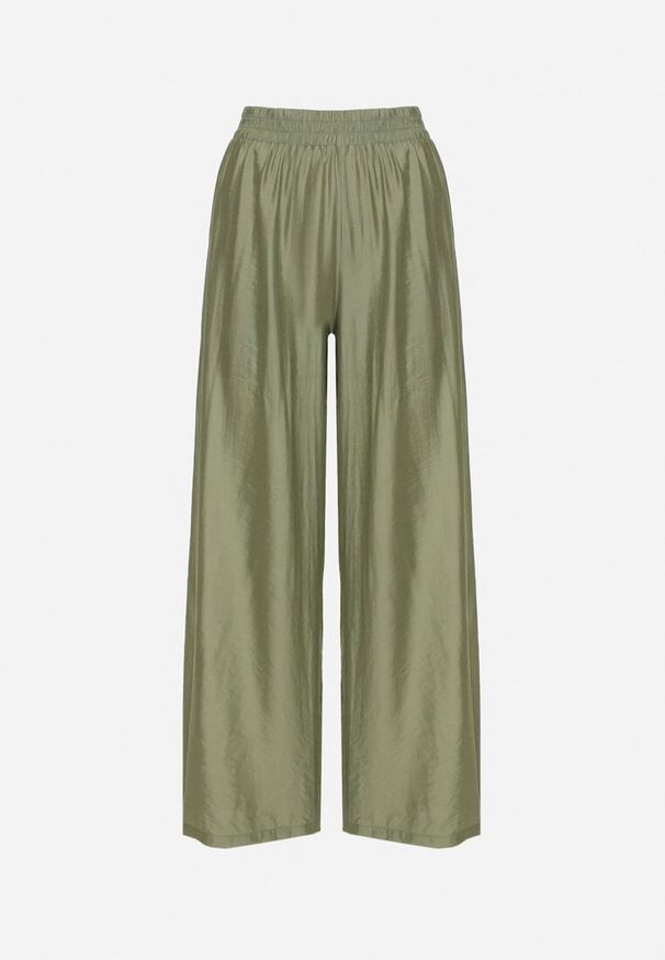 Born2be - Zielone Spodnie Palazzo o Szerokim Kroju z Gumką w Pasie i Wysokim Stanem Jenanetia. Okazja: na co dzień. Stan: podwyższony. Kolor: zielony. Styl: casual, klasyczny