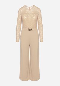 Born2be - Jasnobeżowy Koronkowy Kombinezon z Wiskozą z Szerokimi Nogawkami Ninarena. Okazja: na co dzień. Kolor: beżowy. Materiał: wiskoza, koronka. Długość rękawa: długi rękaw. Długość: długie. Styl: casual, elegancki #6