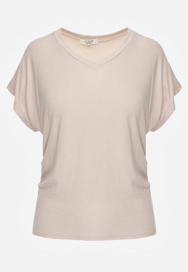Renee - Beżowy Wiskozowy T-shirt z Dekoltem V Eupharis. Okazja: na co dzień. Typ kołnierza: dekolt w kształcie V. Kolor: beżowy. Materiał: wiskoza. Styl: casual, elegancki
