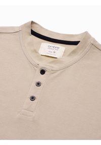 Ombre Clothing - T-shirt męski polo bez kołnierzyka - beżowy V5 S1381 - XL. Typ kołnierza: bez kołnierzyka, polo. Kolor: beżowy. Materiał: materiał, bawełna #5