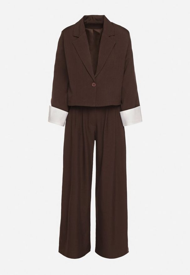 Born2be - Ciemnobrązowy Komplet Garniturowy Marynarka i Spodnie z Kontrastowymi Wstawkami Daviraya. Kolor: brązowy
