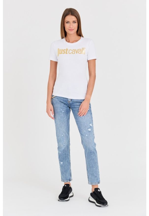 Just Cavalli - JUST CAVALLI Biały damski t-shirt Logo Gold, Rozmiar L. Kolor: biały