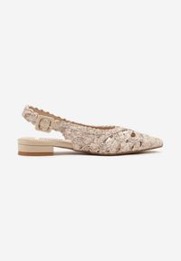 Renee - Beżowe Sandały Slingback z Szydełkową Cholewką z Metalicznymi Przeszyciami Frolette. Okazja: na co dzień. Zapięcie: pasek. Kolor: beżowy. Materiał: jeans. Obcas: na obcasie. Styl: elegancki, casual. Wysokość obcasa: niski #6