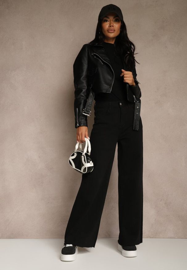 Renee - Czarne Jeansy High Waist z Szerokimi Nogawkami Chamylla. Okazja: na co dzień, na randkę. Stan: podwyższony. Kolor: czarny. Styl: klasyczny, casual