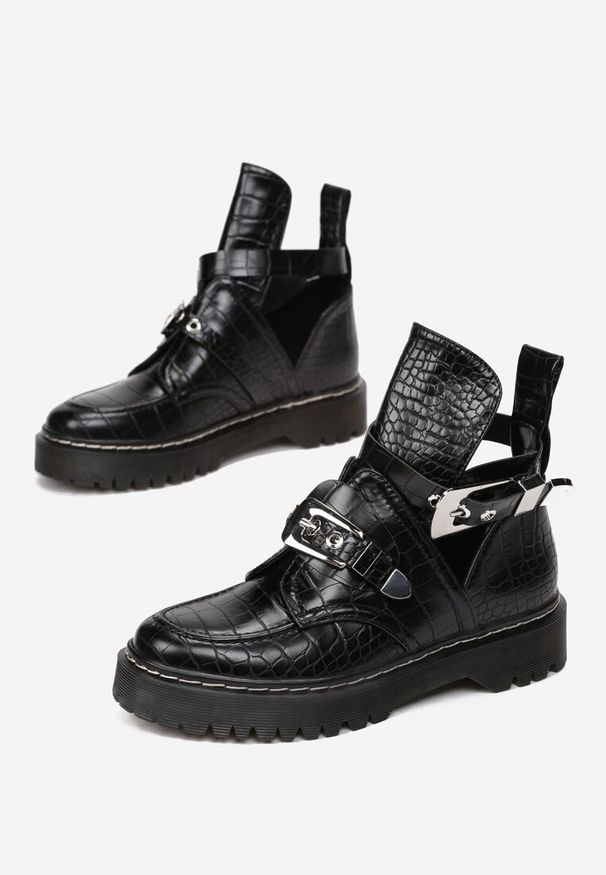 Born2be - Czarne Botki Meliphite. Wysokość cholewki: przed kolano. Zapięcie: pasek. Kolor: czarny. Szerokość cholewki: normalna. Wzór: paski. Styl: boho, rockowy