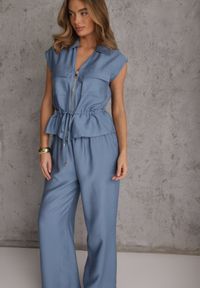 Renee - Niebieski Komplet Utility z Wiskozy Spodnie i Bluzka na Suwak ze Ściągaczem Petolira. Kolor: niebieski. Materiał: wiskoza #1
