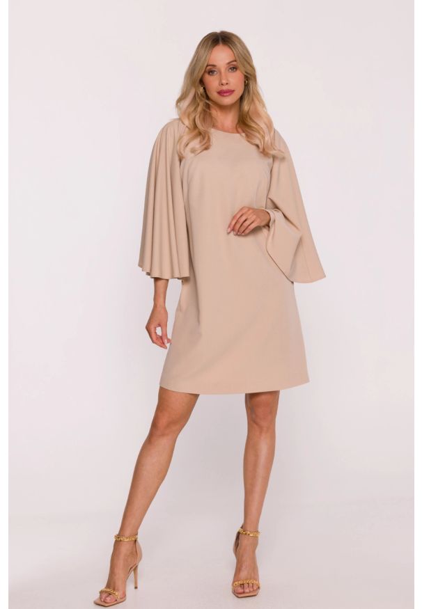 Stylove - Elegancka sukienka trapezowa z bufiastymi rękawami beżowa. Kolor: czarny, zielony, beżowy. Typ sukienki: trapezowe. Styl: elegancki