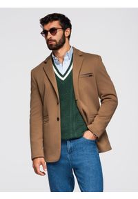 Ombre Clothing - Dzianinowa męska marynarka o dopasowany kroju - jasnobrązowa V4 - Rozmiar: XL. Okazja: na spotkanie biznesowe, do pracy, na co dzień. Kolor: brązowy. Materiał: dzianina. Styl: klasyczny, biznesowy, casual, elegancki