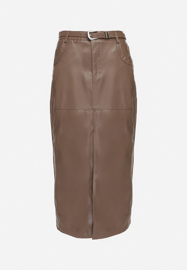 Born2be - Brązowa Długa Spódnica High Waist z Imitacji Skóry z Dodatkowym Paskiem i Rozcięciem Wyneti. Okazja: na co dzień. Stan: podwyższony. Kolor: brązowy. Materiał: skóra. Długość: długie. Styl: casual, klasyczny, elegancki