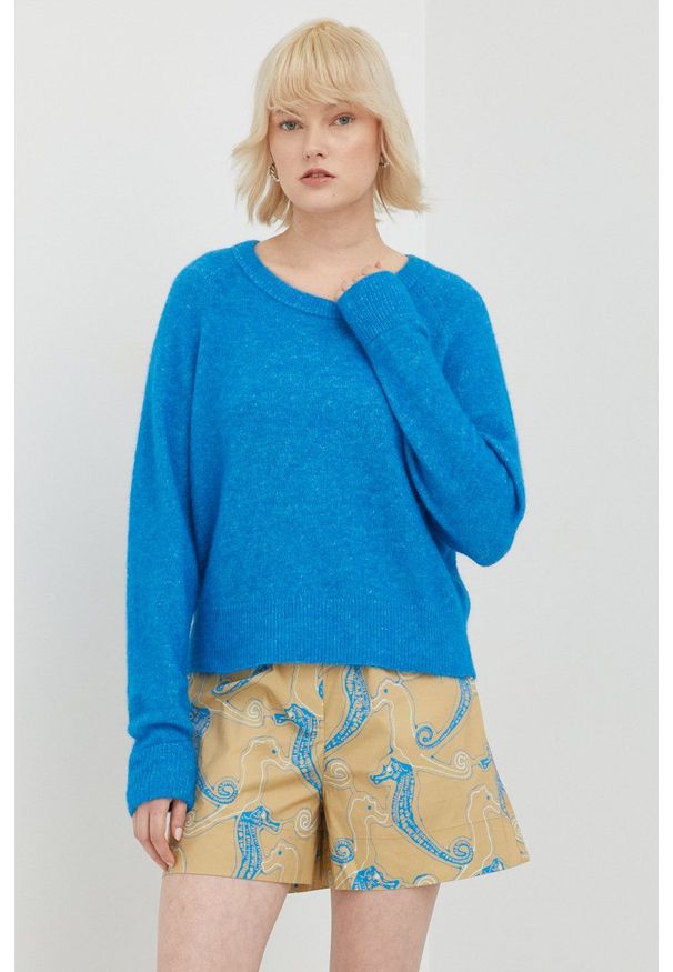 Samsoe & Samsoe - Samsoe Samsoe sweter z domieszką wełny damski lekki. Kolor: niebieski. Materiał: wełna. Długość rękawa: raglanowy rękaw. Wzór: gładki