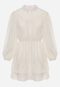 Renee - Jasnobeżowa Sukienka Mini w Skośne Paski o Rozkloszowanym Fasonie z Gumką w Talii Tennari. Kolor: beżowy. Materiał: materiał. Wzór: paski. Długość: mini #2