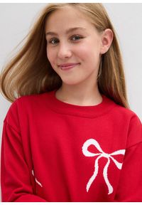 bonprix - Cienki sweter z nadrukiem kokardki. Typ kołnierza: kokarda. Kolor: czerwony. Wzór: nadruk #2