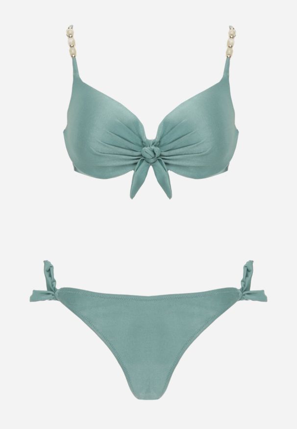 Born2be - Jasnozielone Bikini Biustonosz z Koralikami i Kokardą i Wiązane Figi Kąpielowe Raicine. Kolekcja: plus size. Kolor: zielony. Długość: długie