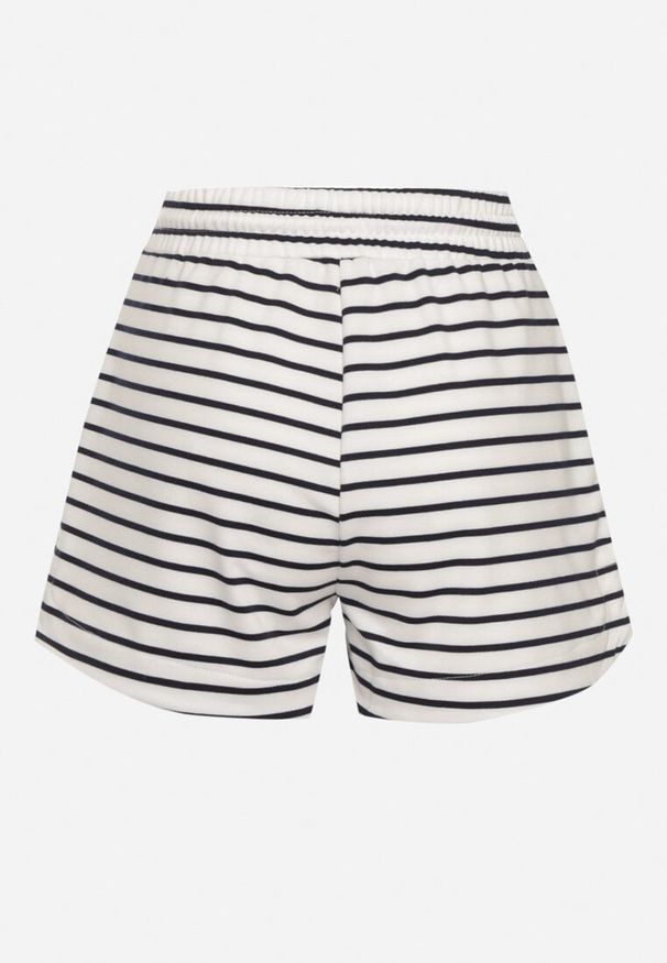 Born2be - Biało-Granatowe Dresowe Bawełniane Szorty z Wysokim Stanem w Paski Wykończone Troczkami Barisea. Okazja: na co dzień. Stan: podwyższony. Kolor: biały. Materiał: bawełna, dresówka. Wzór: paski. Sezon: lato. Styl: casual, elegancki, klasyczny