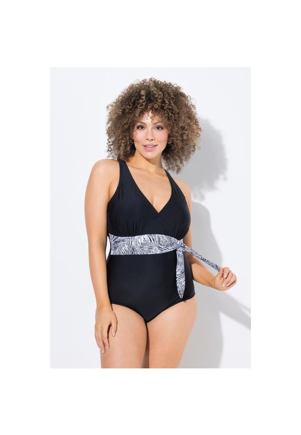 ULLA POPKEN - Damski Strój kąpielowy dekolt typu halter miękkie miseczki kokarda. Kolekcja: plus size. Kolor: czarny. Materiał: elastan, poliamid, materiał