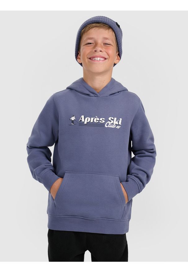 4f - 4F Bluza dresowa nierozpinana z kapturem chłopięca - granatowa 122 (6-7 lat). Okazja: na uczelnię, na co dzień. Typ kołnierza: kaptur. Kolor: niebieski. Materiał: dresówka. Sezon: lato. Styl: casual, klasyczny