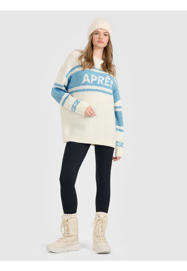 4f - 4F Sweter loose damski - beżowy M. Okazja: na co dzień. Kolor: beżowy. Materiał: wełna. Styl: casual