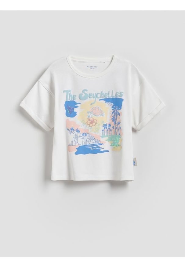 Reserved - Bawełniany t-shirt z nadrukiem - złamana biel. Materiał: bawełna. Wzór: nadruk