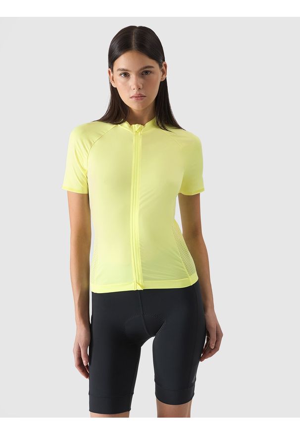4f - Koszulka rowerowa rozpinana damska - żółta. Kolor: żółty. Materiał: syntetyk, elastan, materiał, włókno, dzianina, skóra. Długość rękawa: krótki rękaw. Długość: krótkie. Wzór: ze splotem, jednolity, gładki. Sport: kolarstwo