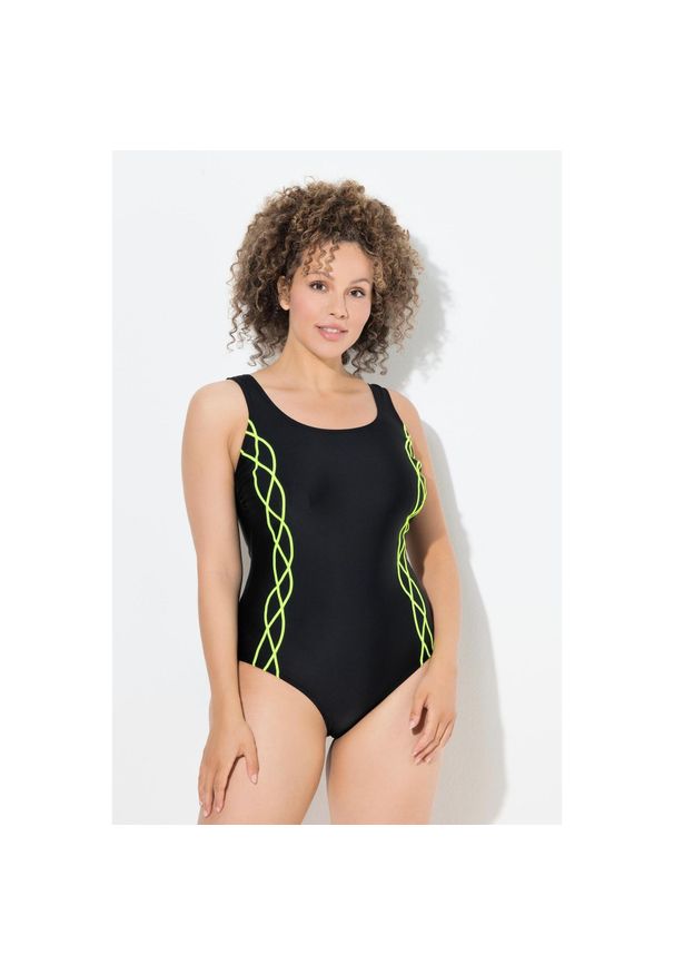 ULLA POPKEN - Damskie Strój kąpielowy lamówka bez miękkich miseczek okrągły dekolt. Kolekcja: plus size. Kolor: czarny. Materiał: poliamid, poliester, materiał, elastan