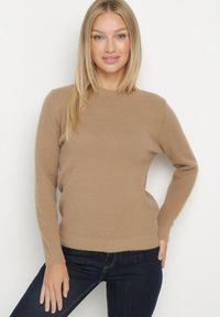 Born2be - Ciemnobeżowy Sweter z Wełną w Klasycznym Stylu Firrive. Okazja: na co dzień. Kolor: beżowy. Materiał: wełna. Styl: klasyczny