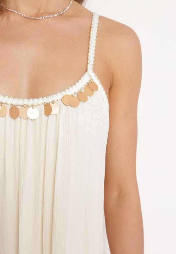 Born2be - Beżowa Wiskozowa Sukienka z Ramiączkami Zdobiona Cekinami i Metaliczną Nitką Comalara. Okazja: na imprezę, na co dzień. Typ kołnierza: dekolt w serek. Kolor: beżowy. Materiał: wiskoza. Długość rękawa: na ramiączkach. Wzór: aplikacja. Styl: casual