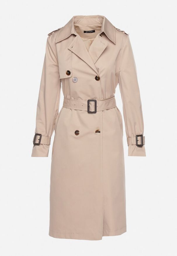 Born2be - Beżowy Płaszcz Trencz Dwurzędowy z Plisami z Tyłu i Materiałowym Paskiem Hellie. Kolor: beżowy. Materiał: materiał. Styl: elegancki