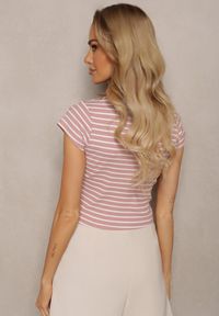 Renee - Różowy Prążkowany T-shirt z Bawełny o Krótkim Kroju Zolira. Okazja: na co dzień. Kolor: różowy. Materiał: bawełna, prążkowany. Długość: krótkie. Styl: casual, klasyczny, wizytowy #4