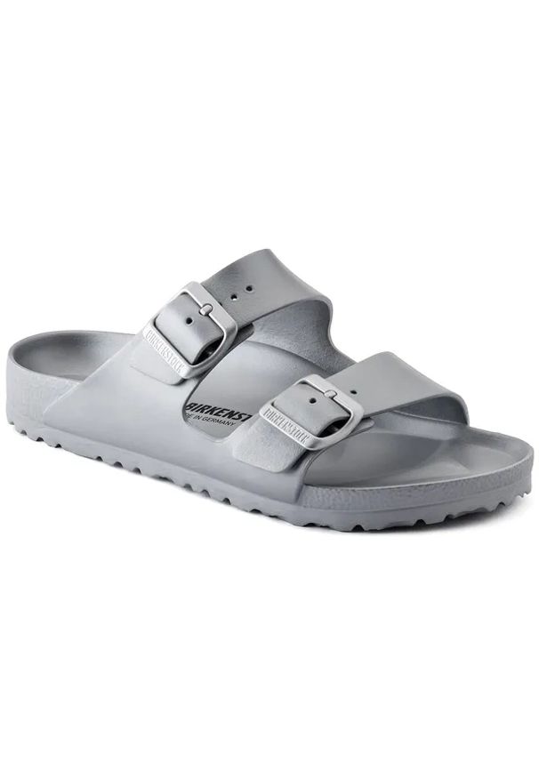 Birkenstock Arizona EVA Metallic Silver Klapki damskie. Okazja: na plażę, na spacer. Kolor: szary. Materiał: materiał. Wzór: paski. Sezon: lato. Styl: elegancki