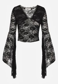 Renee - Czarna Bluzka z Koronki z Długimi Rozszerzanymi Rękawami Kielea. Okazja: na co dzień. Kolor: czarny. Materiał: koronka. Długość: długie. Wzór: koronka. Styl: casual, klasyczny #2