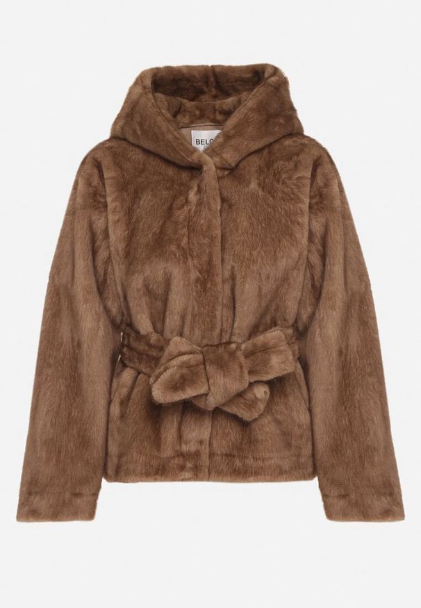 Born2be - Jasnobrązowa Kurtka Futerko z Kapturem i Wiązanym Paskiem Zetara. Okazja: na spacer, na co dzień. Typ kołnierza: kaptur. Kolor: brązowy. Materiał: futro. Styl: casual, klasyczny