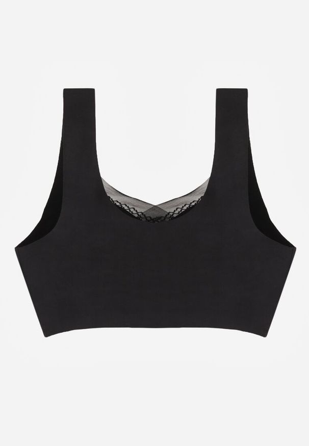 Renee - Czarny Sportowy Biustonosz z Usztywnieniem Ozdobiony Siateczkową Wstawką Edalissa. Kolor: czarny. Rodzaj stanika: wyciągane miseczki. Wzór: aplikacja