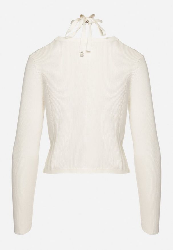 Born2be - Biały Wiskozowy Kardigan Prążkowany na Ozdobne Napy z Chokerem Ivelania. Typ kołnierza: choker. Kolor: biały. Materiał: wiskoza, prążkowany
