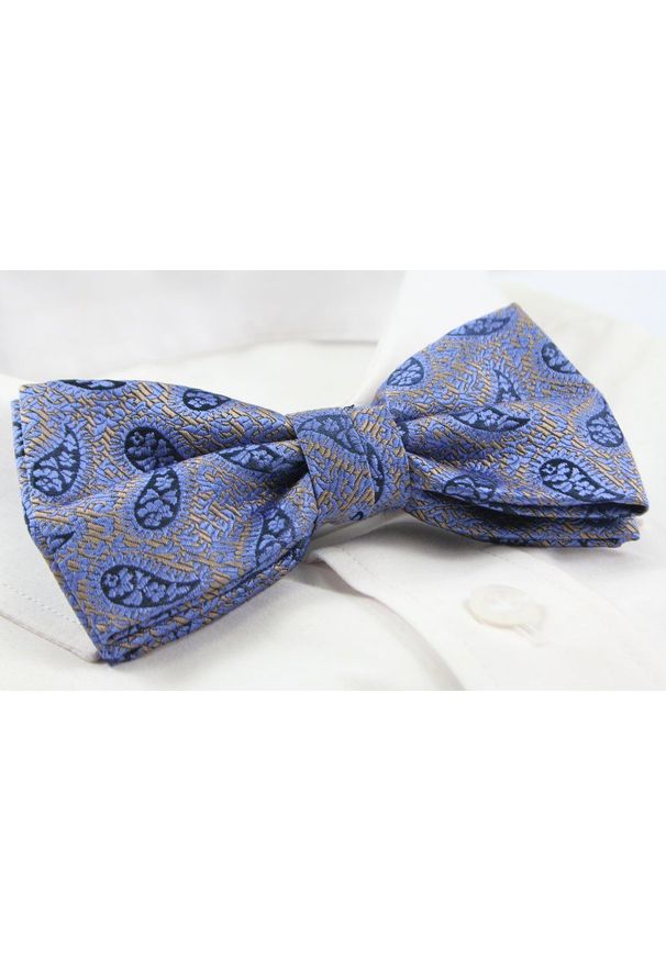 Męska Mucha z Poszetką w Zestawie - Alties - Niebieska, Żółty Akcent, Paisley. Kolor: niebieski. Wzór: paisley. Styl: sportowy, elegancki