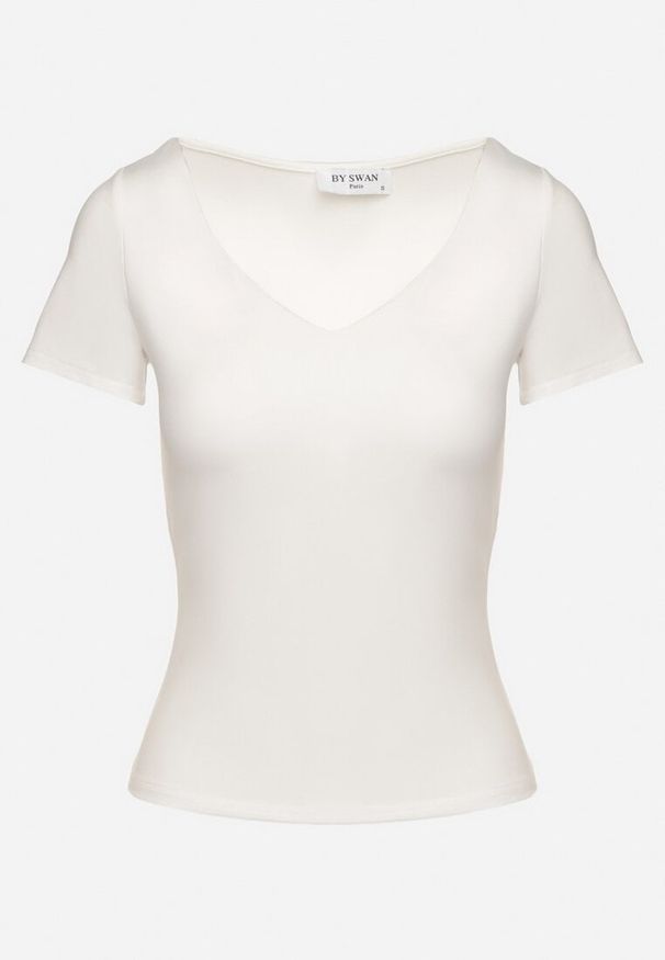 Born2be - Biały T-shirt z Wiskozą o Dopasowanym Kroju z Dekoltem w Serek Folarisse. Typ kołnierza: dekolt w serek. Kolor: biały. Materiał: wiskoza