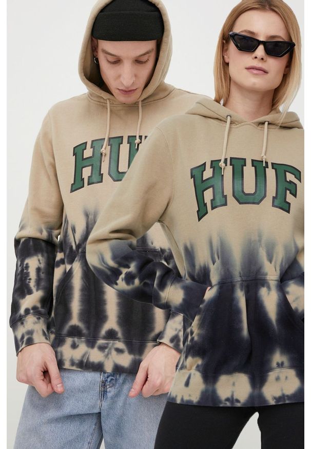 HUF Bluza kolor beżowy z kapturem z nadrukiem. Okazja: na co dzień. Typ kołnierza: kaptur. Kolor: beżowy. Materiał: dzianina. Wzór: nadruk. Styl: casual