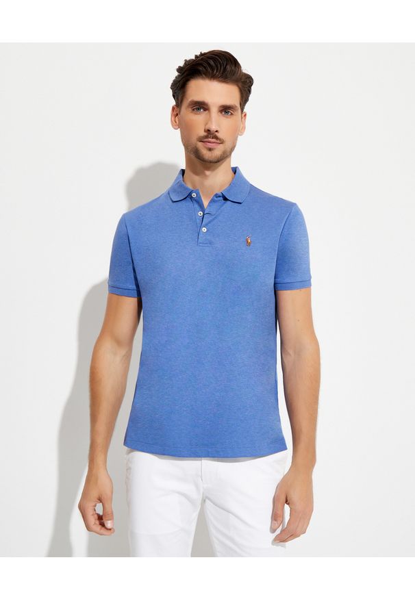 Ralph Lauren - RALPH LAUREN - Niebieska koszulka polo Custom Slim Fit. Typ kołnierza: polo. Kolor: niebieski. Materiał: bawełna, prążkowany. Wzór: haft, kolorowy