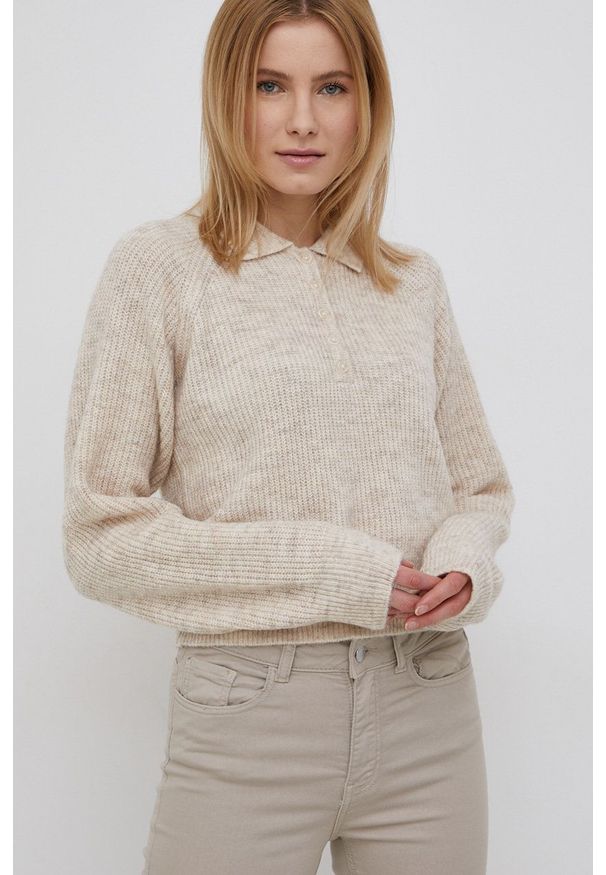Noisy may - Noisy May Sweter z domieszką wełny damski kolor beżowy lekki. Kolor: beżowy. Materiał: wełna. Długość rękawa: raglanowy rękaw. Długość: krótkie