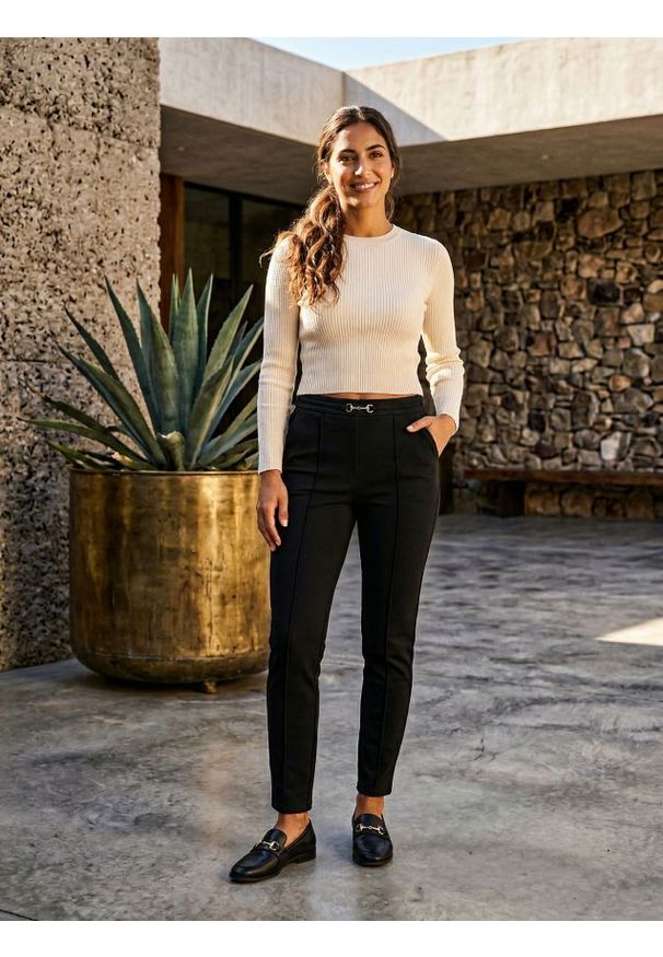 Sinsay - Legginsy soft touch z dekoracyjną klamrą w pasie oraz przeszyciami - czarny. Kolor: czarny