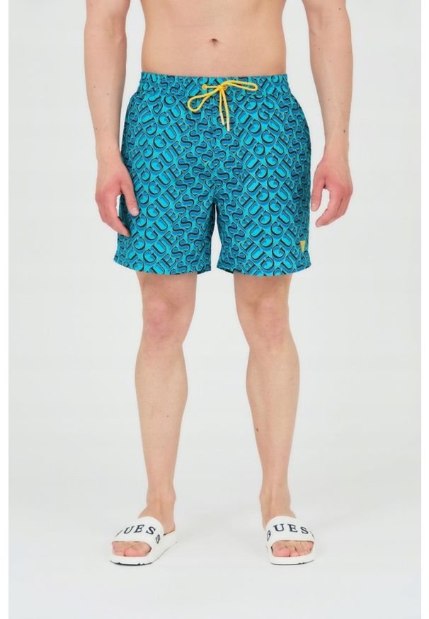 Guess - GUESS Męskie szorty kąpielowe niebiesko-granatowe, Rozmiar L. Kolor: wielokolorowy. Materiał: poliester