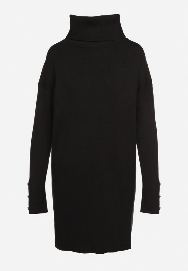 Born2be - Czarna Sukienka z Golfem Bawełną i Wełną Ozdobiona Guzikami Ilathor. Okazja: na co dzień. Typ kołnierza: golf. Kolor: czarny. Materiał: wełna, bawełna. Długość rękawa: długi rękaw. Wzór: aplikacja. Typ sukienki: proste. Styl: klasyczny, casual, elegancki