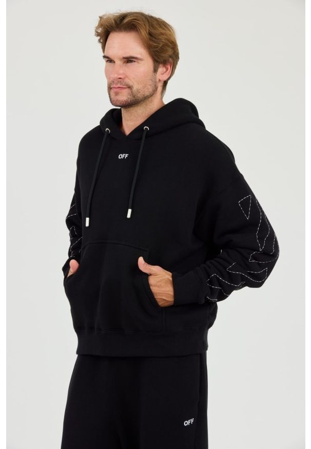OFF-WHITE Czarna męska bluza haftowana Stitch Arr Skate Hoodie, Rozmiar S. Kolor: czarny. Wzór: haft