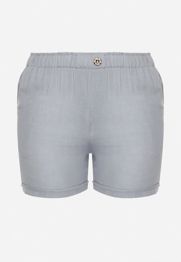 Born2be - Niebieskie Casualowe Szorty z Lnem z Gumką w Talii Filowena. Okazja: na co dzień. Kolekcja: plus size. Kolor: niebieski. Materiał: len. Styl: casual