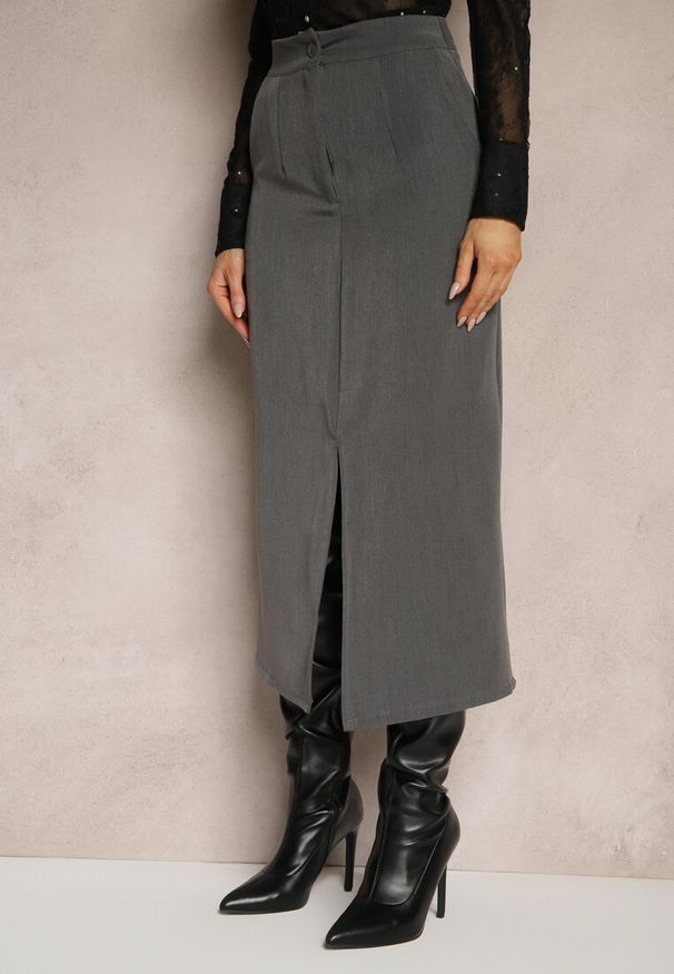 Renee - Szara Spódnica Ołówkowa z Wiskozą High Waist z Rozcięciem Semivinia. Okazja: na co dzień. Stan: podwyższony. Kolor: szary. Materiał: wiskoza. Styl: elegancki, wizytowy, casual