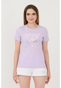 Guess - GUESS Lawendowy damski t-shirt bawełniany Icon Tee, Rozmiar S. Kolor: fioletowy. Materiał: bawełna #1