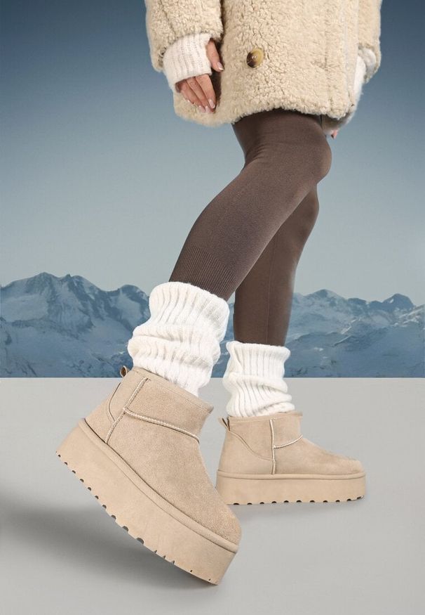 Born2be - Beżowe Śniegowce na Platformie Sireella. Okazja: na co dzień. Kolor: beżowy. Materiał: jeans, dzianina, futro, wełna. Obcas: na platformie. Styl: elegancki, casual